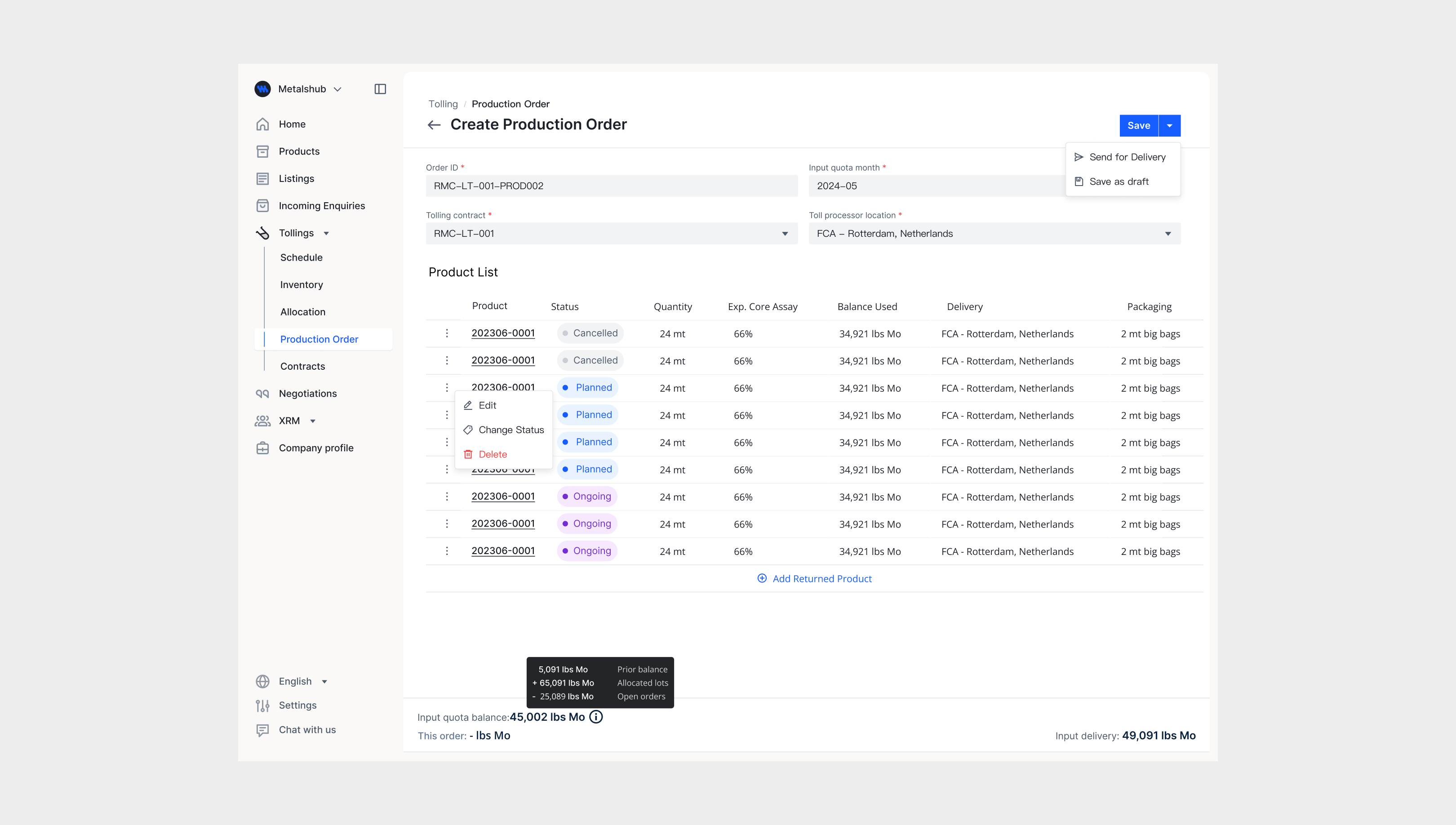 Production Order Interface